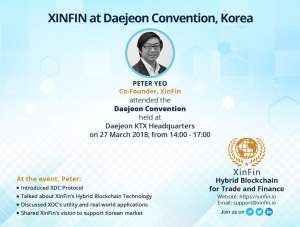 Peter Yeo shared XinFin’s vision to support Korean market at Daejeon Convention, Korea on March 27, 2018