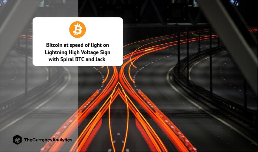 Bitcoin at speed of light on Lightning High Voltage Sign with Spiral BTC and Jack
