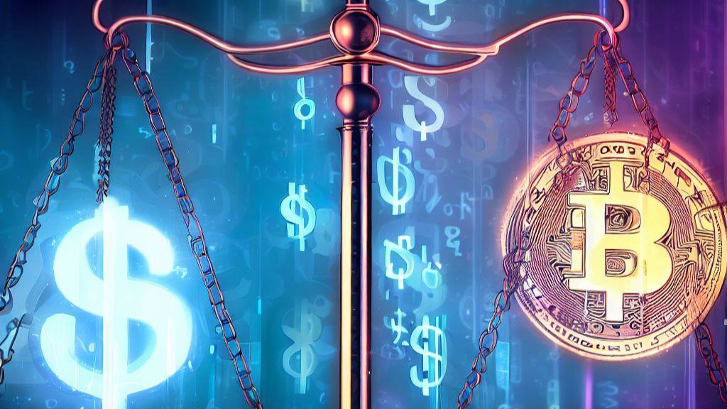 An image depicting a scale balancing traditional finance symbols (such as a dollar sign) and cryptocurrency symbols (like the Bitcoin logo), representing the interplay between the two worlds.