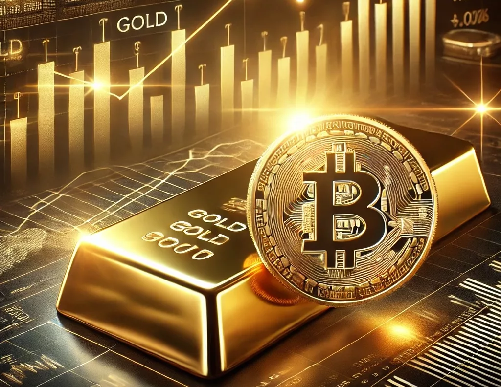 a gold bar and bitcoin sitting on top of a gold bar