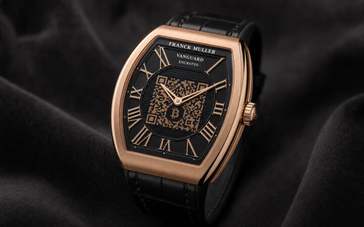 Franck Muller Vanguard Encrypto luxury Swiss wristwatch with integrated Bitcoin wallet QR code on dial